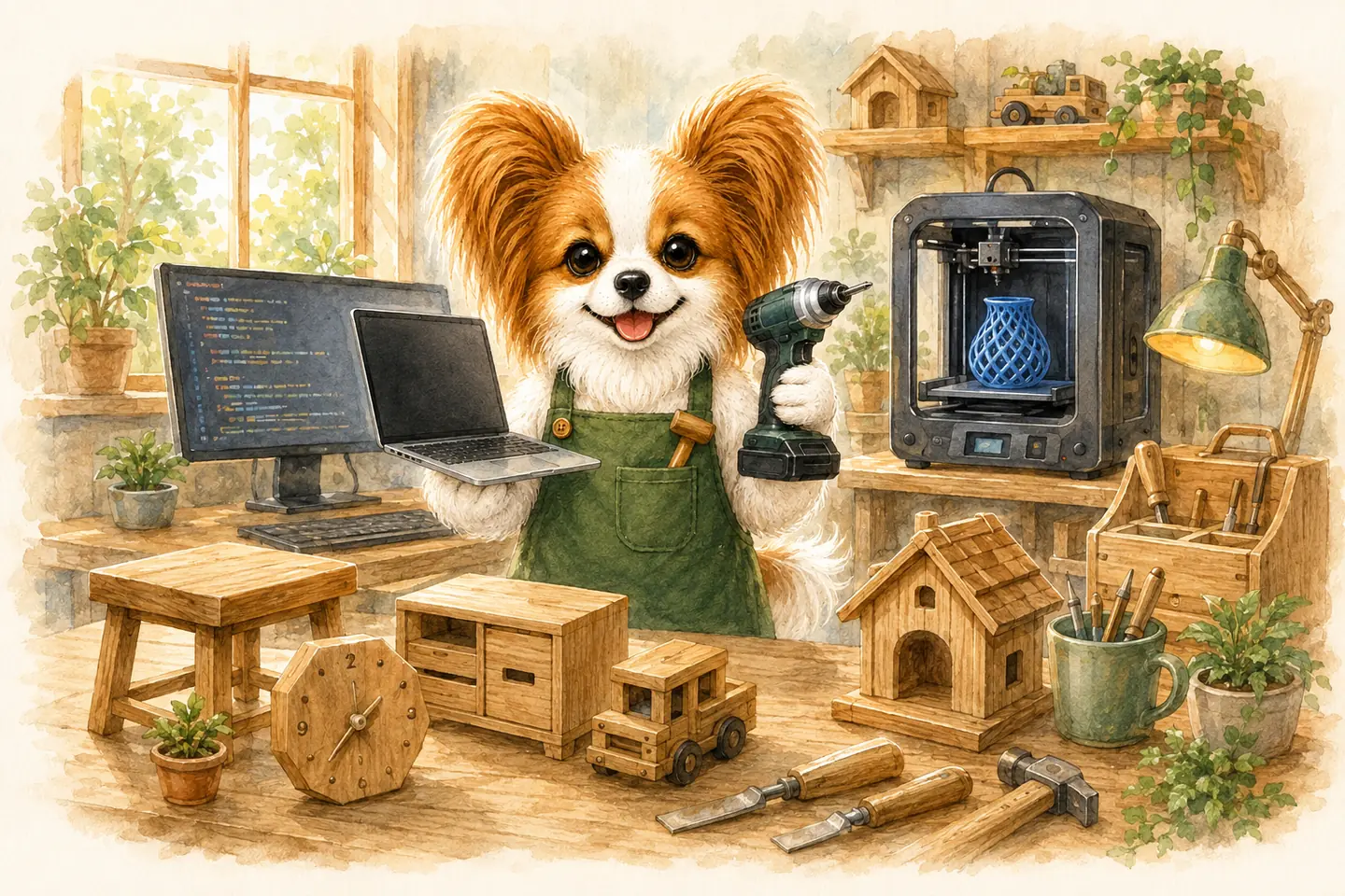 木工、3Dプリント、IT開発を行うプクえもん工房の水彩イラスト
